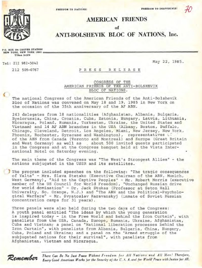 Матеріали Конференції Американських приятелів АБН у Вашингтоні 18-19 травня 1985 р.
