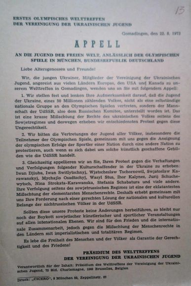 Appell an die jugend der freien Welt anl&auml;sslich der Olympischen Spiele in M&uuml;nchen, Deutschland