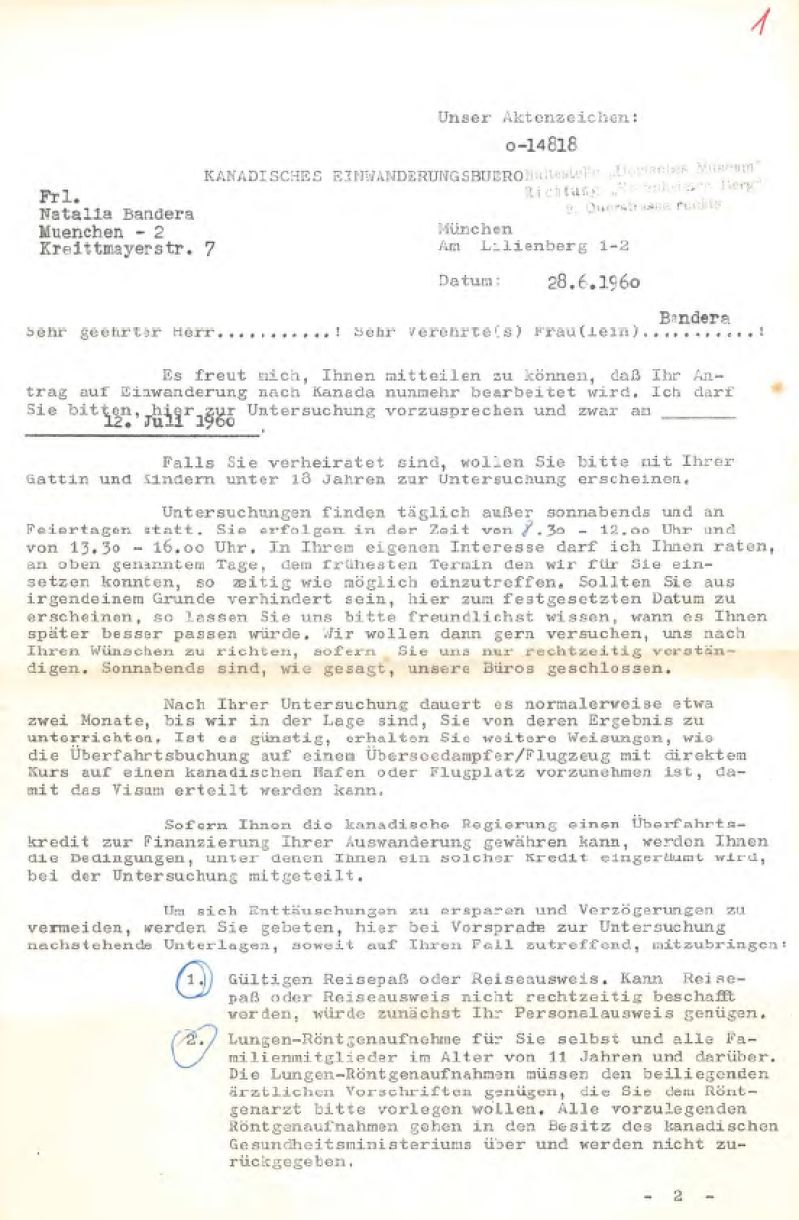 Документи Наталії Бандери щодо її поїздки до Канади