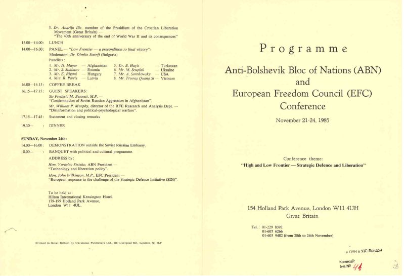 Programme Anti-Bolshevik Bloc of Nations (ABN) and European Freedom Council (EFC) Conference