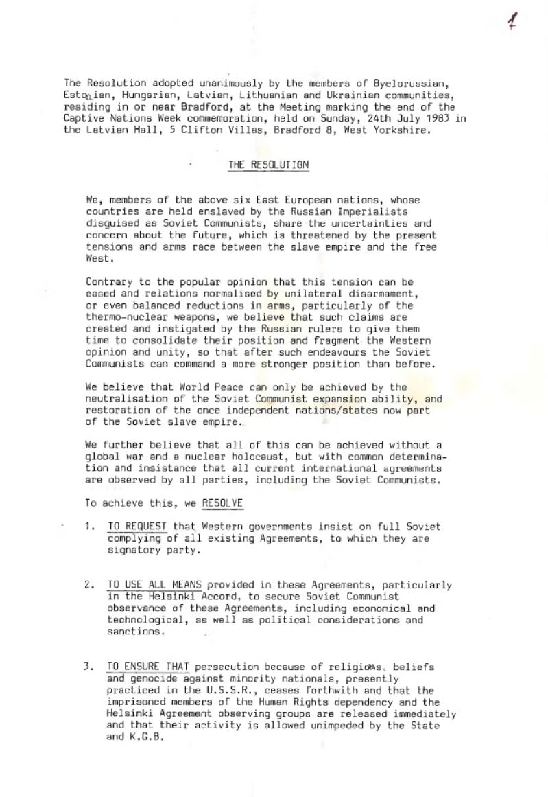 Резолюція представників білоруської, естонської, угорської, латвійської, литовської і української громад у Брадфорді по завершенню Тижня Поневолених Народів